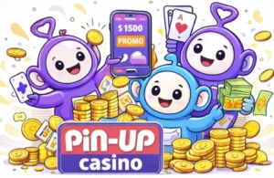 Pin-Up Casino India with white background and purple outlines featuring cartoon characters and welcome bonus promo for online casino players